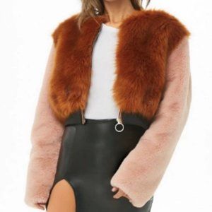NWT SHACI Faux Fur Cropped Bomber Jacket Color Block Pink & Brown Size S